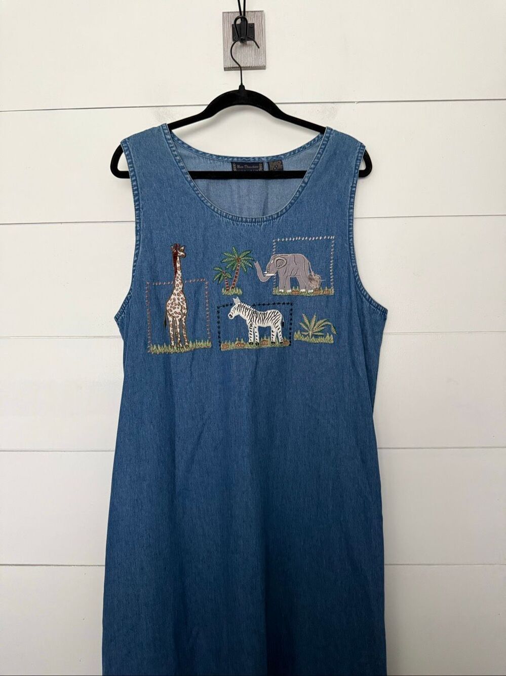 New Directions Women’s Large Giraffe Zebra Elephant Vintage Denim Dress